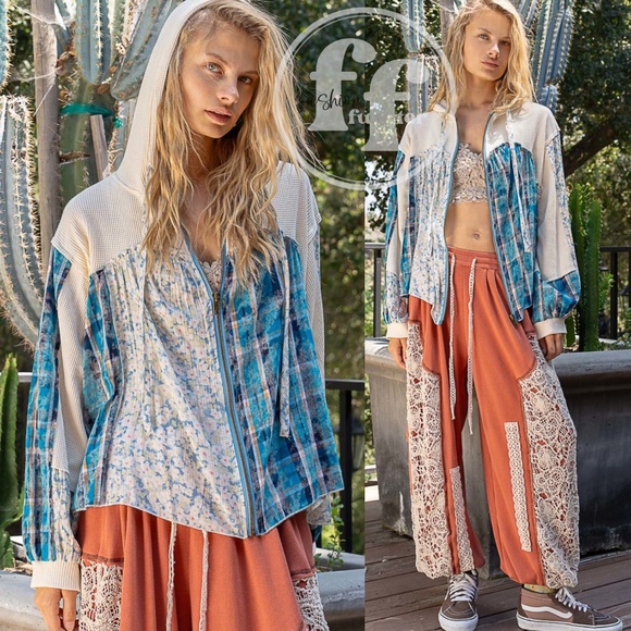 POL Blue Boho Mixed Print Floral Plaid Thermal Knit Zip Up Jacket Hoodie - Picture 3 of 3